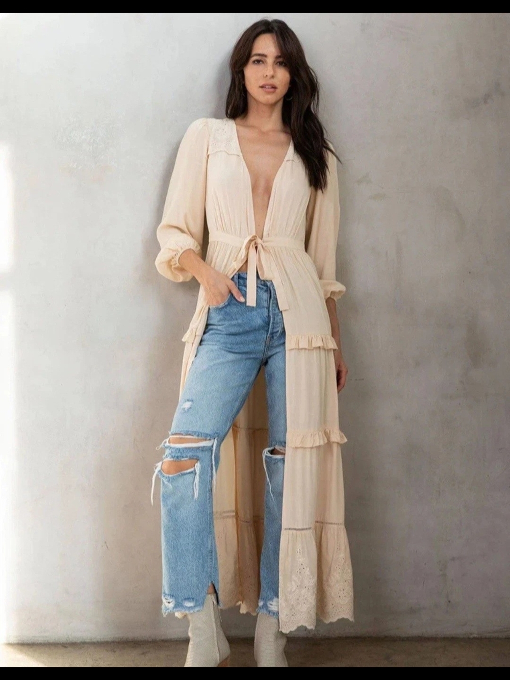 NWT LOVESTITCH Boho Embroidered Ruffled Duster Maxi Kimono L